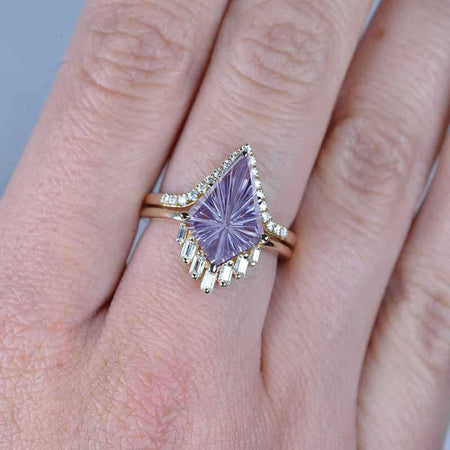 14K Gold 4 Carat Kite Fireworks Cut Alexandrite Halo Unique Engagement Ring, Eternity Ring Set