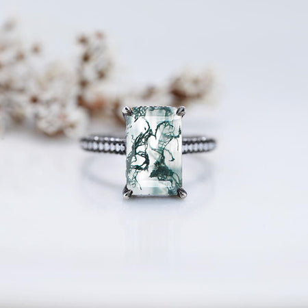 4ct Emerald Cut Genuine Moss Agate Black Gold Engagement Ring
