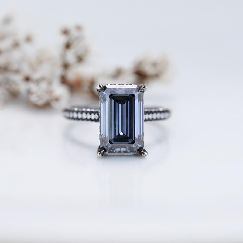 4ct Emerald Cut Dark Gray-Blue Moissanite Black Gold Engagement Ring