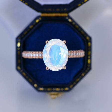 5 Carat Oval Genuine moonstone Hidden Halo Gold Engagement Ring