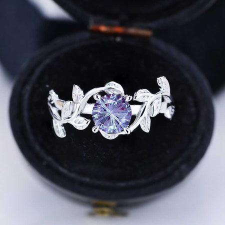 Fireworks Cut Alexandrite Twig Floral White Gold Engagement Ring