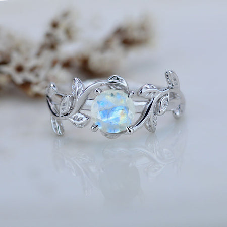 Genuine moonstone Twig Floral White Gold Engagement Ring