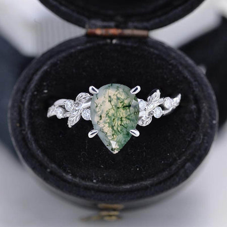 3 Carat Pear Cut Moss Agate Floral Gold Engagement Ring