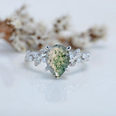 3 Carat Pear Cut Moss Agate Floral Gold Engagement Ring