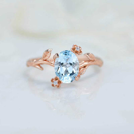 14K Rose Gold Dainty Genuine Natural Aquamarine Leaf Ring, 2ct Oval Genuine Natural Aquamarine Twig Ring, Rose Gold Ring Unique Curved Vintage Floral Ring