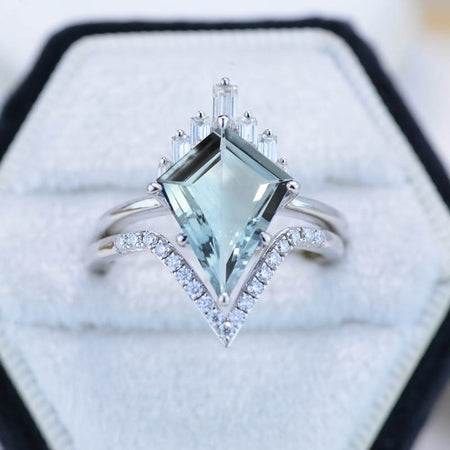 14K White Gold 4 Carat Kite Aquamarine Halo Engagement Ring, Eternity Ring Set