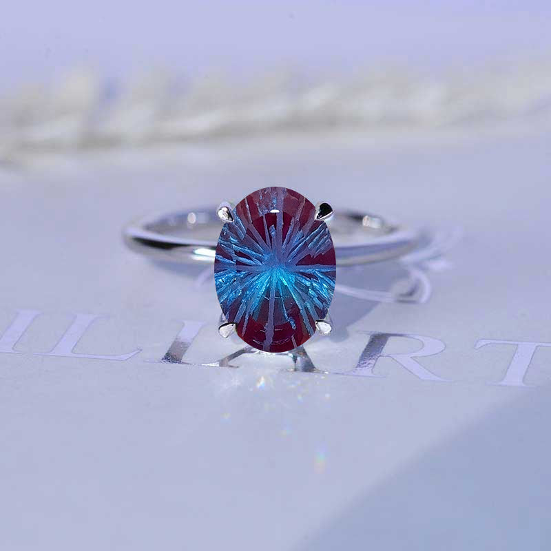 3 Carat Oval Fireworks Cut Alexandrite Ring, Hidden Halo Gold Engagement Ring