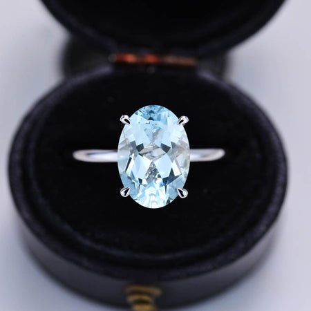 4 Carat Oval Cut Genuine Aquamarine Ring, Hidden Halo Gold Engagement Ring Classics
