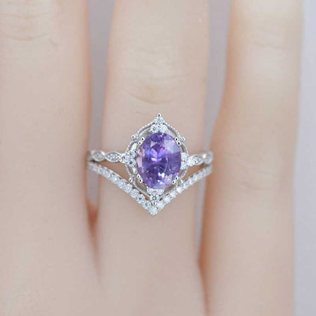 14K White Gold Ring 2CT Oval Vintage Wedding Ring, Oval Purple Sapphire Halo Engagement Ring Set