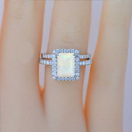 3Ct Genuine White Opal Engagement Ring Halo Radiant Cut Genuine White Opal Engagement Ring, 9x7mm Radiant Cut Genuine White Opal Engagement Ring with Eternity band