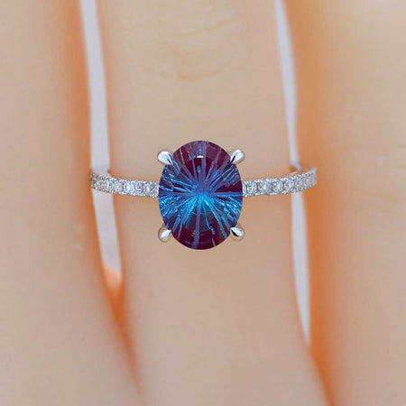 3 Carat Carat Oval Fireworks Cut Alexandrite Ring, Hidden Halo Gold Engagement Ring