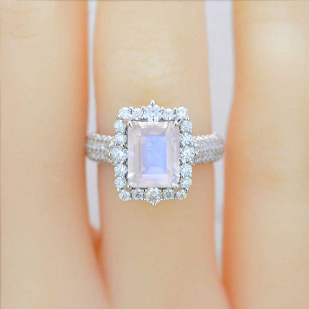 3Ct Genuine moonstone Engagement Ring Halo Emerald Step Cut Genuine moonstone  Engagement Ring