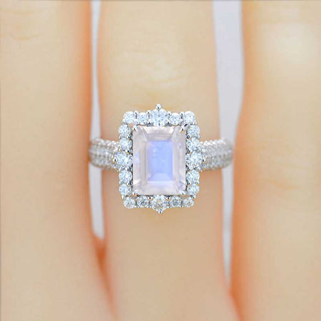 4Ct Genuine moonstone Engagement Ring Halo Emerald Step Cut Genuine moonstone Engagement Ring