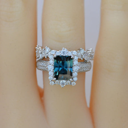 3Ct Teal Sapphire Engagement Ring Halo Emerald Cut Teal Sapphire Engagement Ring, 9x7mm Step Cut Teal Sapphire Engagement Ring