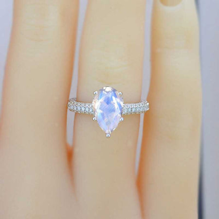 3 Carat Pear Cut Genuine moonstone Hidden Halo Gold Engagement Ring