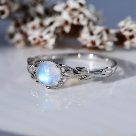 Silver Dainty Natural Moonstone Ring.  Round Moonstone Floral Ring