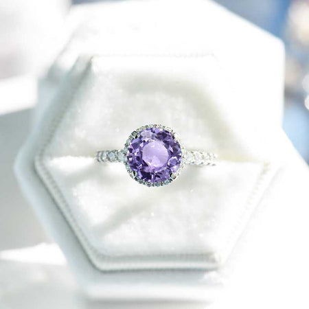 3 Carat Round Purple Sapphire Halo Platinum Engagement Ring