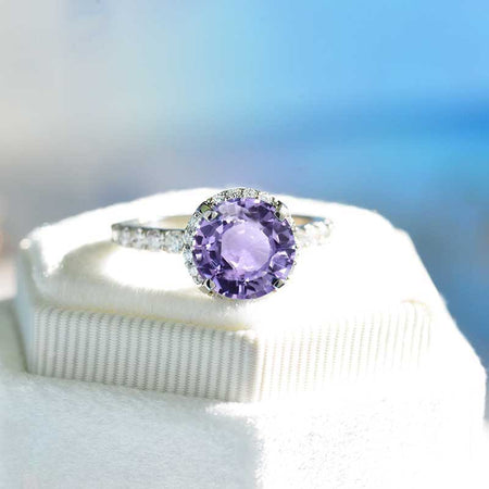 3 Carat Round Purple Sapphire Halo Gold Engagement Ring