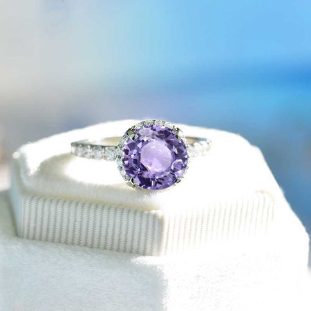 2 Carat Round Purple Sapphire Halo Gold Engagement Ring