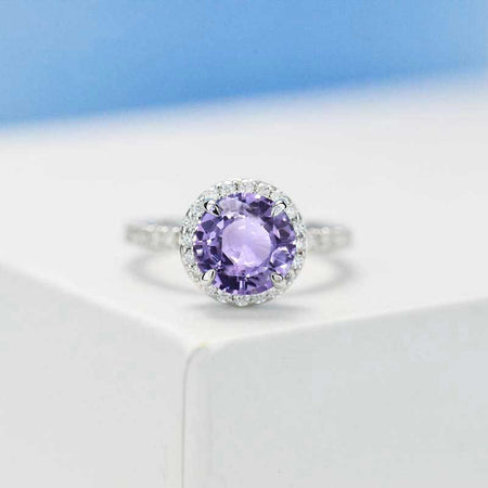 2 Carat Round Purple Sapphire Halo Gold Engagement Ring