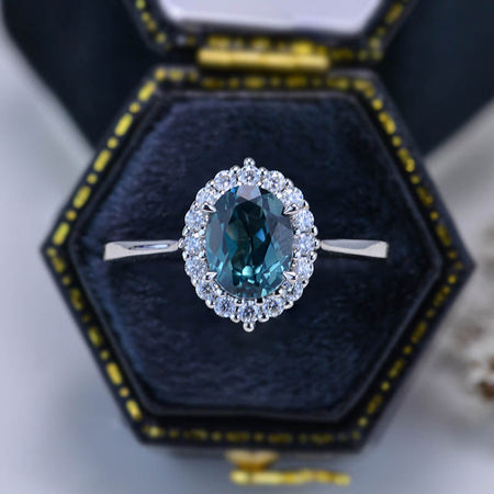 1.5Ct Teal Sapphire Halo Engagement Ring, Oval Shape Brilliant Cut Teal Sapphire Engagement Ring, 14K White Gold Ring