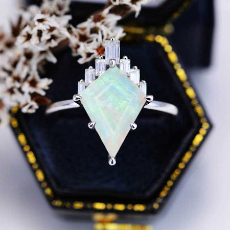 4 Carat Kite Genuine White Opal Halo Engagement Ring