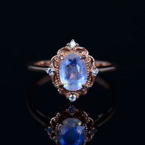 14K Solid Rose Gold Dainty Natural Moonstone Ring, 2ct Oval Cut Moonstone Ring, Rose Gold Ring Unique Oval Halo Vintage Ring.