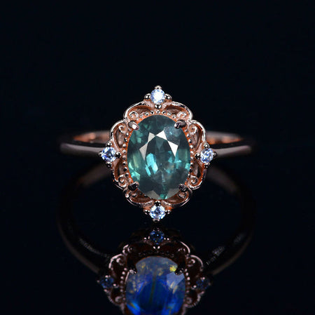 14K Solid White Gold Dainty Natural Teal Sapphire Ring, 2ct Oval Cut Teal Sapphire Ring, Unique Oval Halo Vintage Ring.