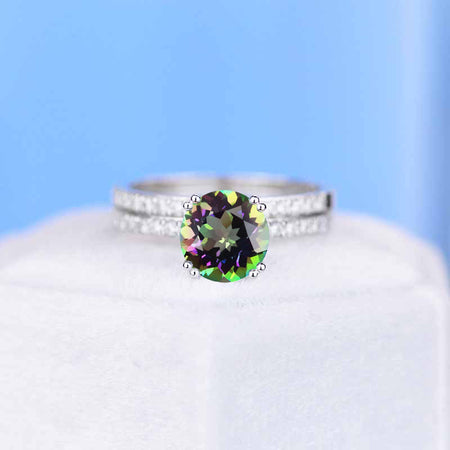 2 Carat Genuine Natural Mystic Topaz Engagement Eternity Two Rings Set