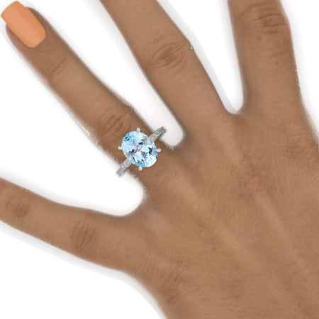 6Ct Oval Genuine Natural Aquamarine Engagement Ring, Oval Cut Shape Dainty Engagement Ring, Genuine Natural Aquamarine Hidden Halo Pave accents ring