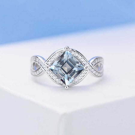 2 Carat Princess Cut Genuine Natural Aquamarine Stone 14K White Gold Ring