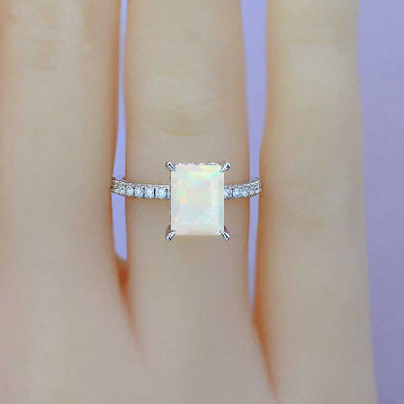 3 Carat Emerald Cut Genuine White Opal Hidden Halo Engagement Ring