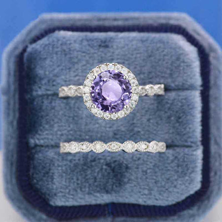 2 Carat Purple Sapphire Halo  Engagement Eternity Two Rings Set