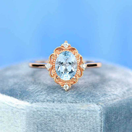14K Rose Gold 1.5 Carat Oval Genuine Natural Aquamarine Halo Engagement Ring