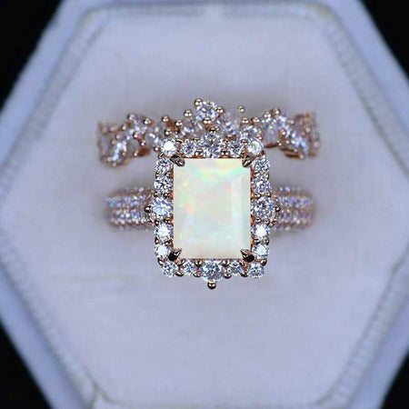 3Ct Natural Genuine White Opal Engagement Ring. Halo Emerald Cut Genuine White Opal 14K Rose Gold Engagement Ring Set