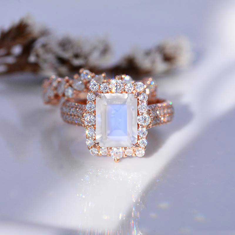 3Ct Natural Moonstone Engagement Halo Emerald Cut Natural