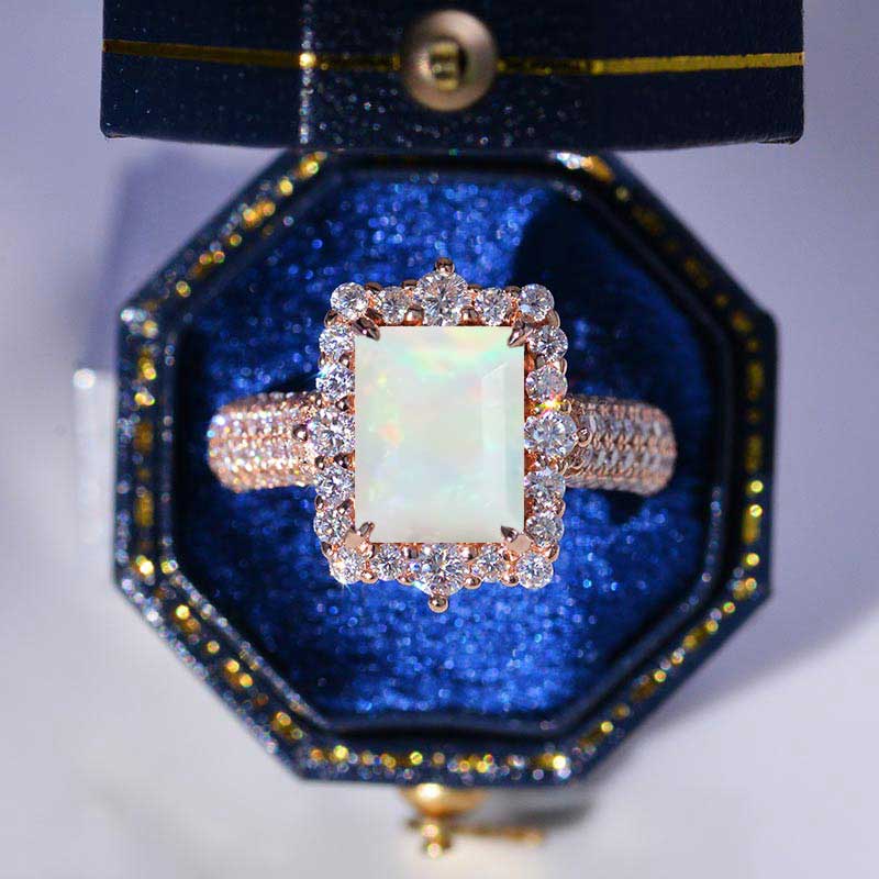 3Ct Natural Genuine White Opal Engagement Ring. Halo Emerald Cut Genuine White Opal 14K Rose Gold Engagement Ring Model 572-9x7
