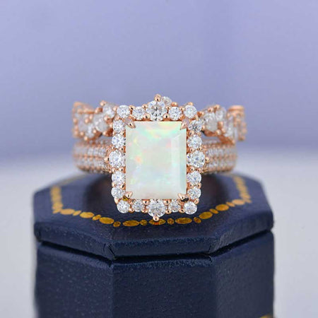3Ct Natural Genuine White Opal Engagement Ring. Halo Emerald Cut Genuine White Opal Engagement Ring, 9x7mm Step Cut Genuine White Opal Engagement Ring with Eternity Band