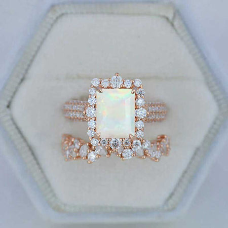 3Ct Natural Genuine White Opal Engagement Ring. Halo Emerald Cut Genuine White Opal 14K Rose Gold Engagement Ring