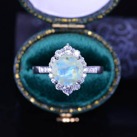 3 Carat Round Genuine Moonstone Halo Gold Engagement Ring