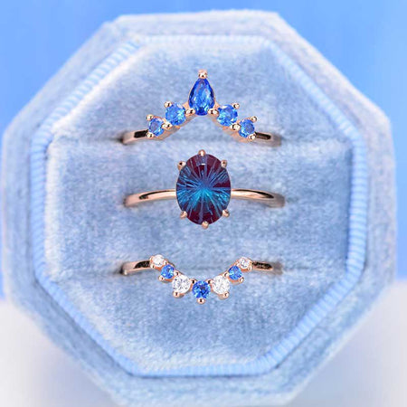 3 Carat Oval Vintage Fireworks Cut Alexandrite Gold  Ring- Three Ring Set