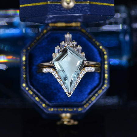 3 Carat Aquamarine Kite Shape Step Cut, Genuine Aquamarine Halo Gold Engagement Ring, Eternity Ring Set