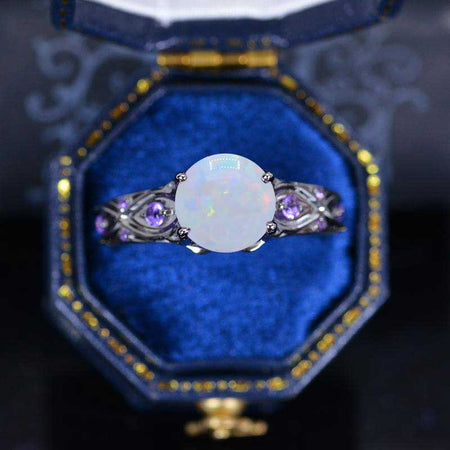 14K Black Gold 2 Carat Genuine White Opal Celtic Engagement Ring