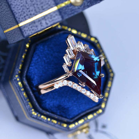 14K White Gold 4 Carat Kite Alexandrite Halo Engagement Ring, Eternity Ring Set