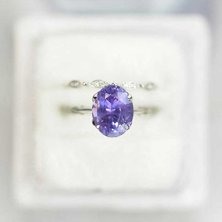 3 Carat Oval Purple Sapphire Engagement Eternity Gold Rings Set