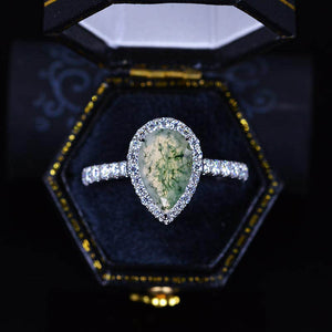 14K Solid White Gold 3 Carat Halo Pear Cut Genuine Moss Agate Ring