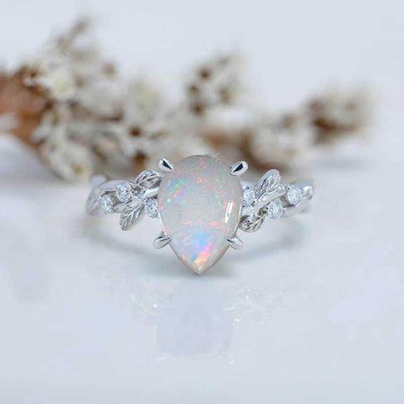 3 Carat Genuine White Opal Pear Cut Floral White Gold Engagement Ring