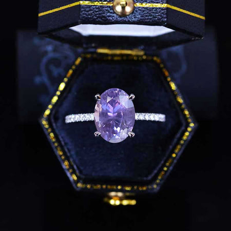 3 Carat Oval Purple Sapphire Ring, Hidden Halo Gold Engagement Ring
