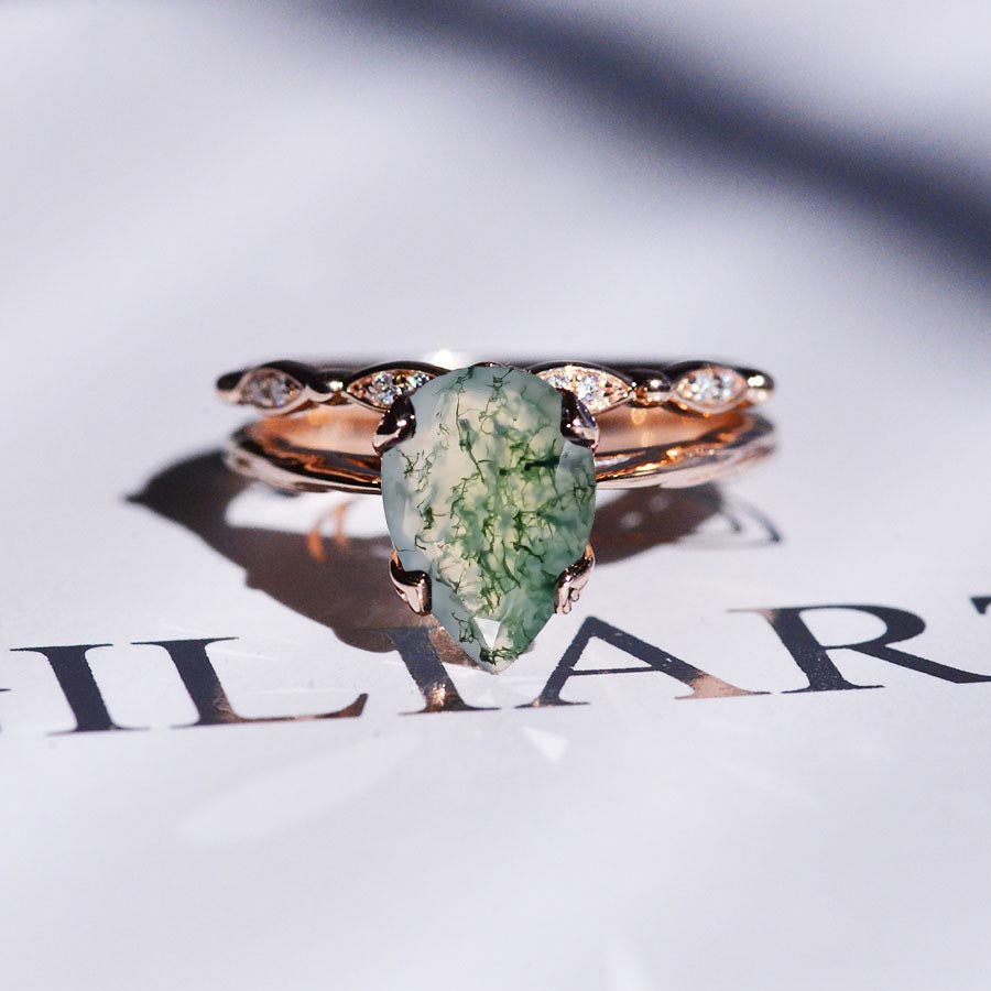 3 Carat Pear Moss Agate Engagement Eternity Rose Gold Ring Set