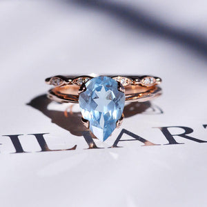3 Carat Pear Shaped Aquamarine Engagement Eternity Rose Gold Ring Set